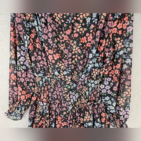 A.E. Studio Womens Floral Chiffon Full Button Front Mini Dress Sz M Black Purple - Picture 4 of 16